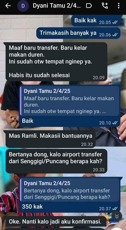 Chat kepuasan bu Dyani paket honeymoon Lombok private trip romantis